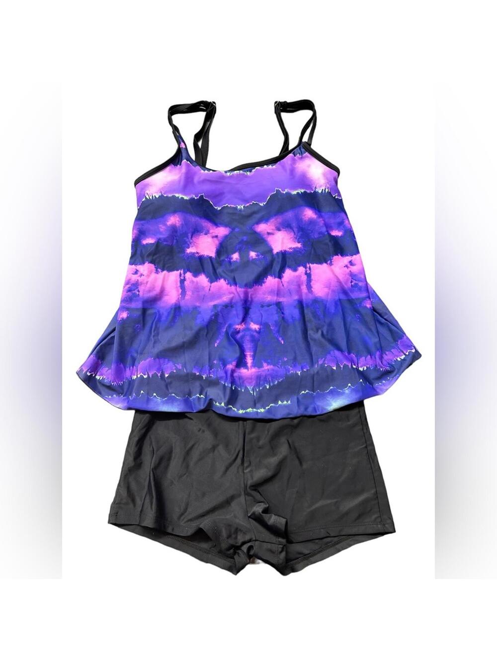 Modest women’s tankini swimsuit set with boy shorts bottoms hippie pattern NWOT